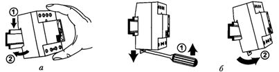 DIN-рейка и установка на ней электрического аппарата: а - монтаж; 6 - демонтаж