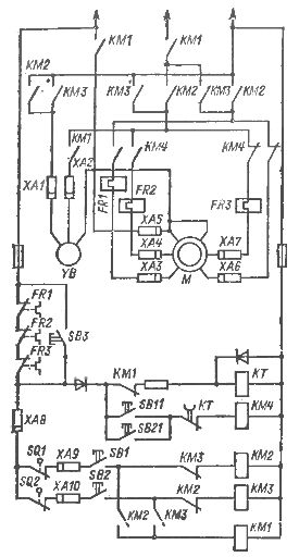 Схема электропривода (с двухскоростным короткозамкнутым двигателем) механизма подъема при управлении с пола