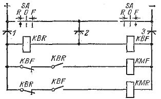 Схема реверсивного управления двигателем через один троллей управления