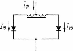Схема индуктивного делителя тока для двух параллельно соединенных вентилей: Iф — ток фазы, I2в , I1в — ток вентилей
