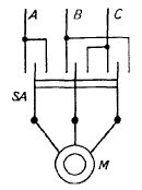 Схема включения трехфазного электродвигателя в сеть реверсивным рубильником