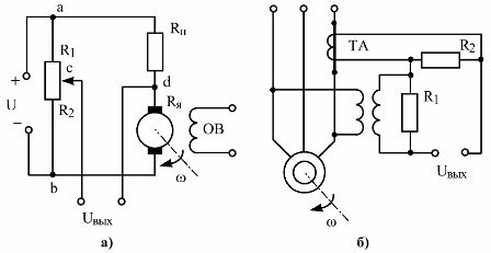 Тахометрический мост постоянного тока (а) и бесконтактное измерительное устройство частоты вращения асинхронного двигателя (б)