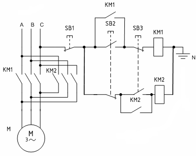 Схема управления реверсивным двигателем с помощью двух магнитных пускателей и трех кнопок