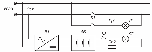 Схема аварийного освещения с аккумулятором