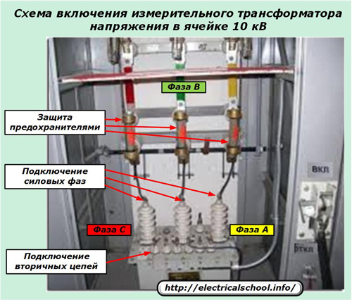 Схема включения измерительного трансформатора напряжения в ячейке 10 кВ