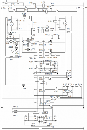 Упрощенная схема привода скоростного лифта с управлением от ЭМУ и ПМУ