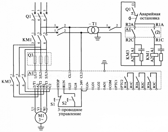 Схема подключения устройства плавного пуска для одного направления вращения двигателя
