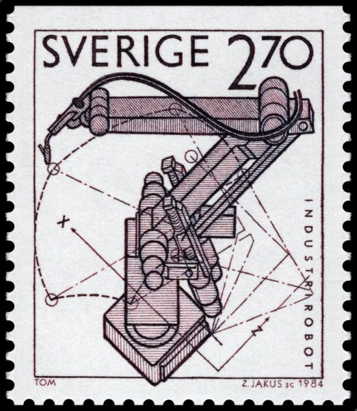 Робот ASEA IRB 6 на шведской почтовой марке 1984 года