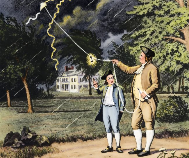 Литография изображающая Бенджамина Франклина с его сыном Уильямом во время их эксперимента с воздушным змеем