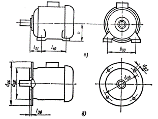Установочные размеры асинхронных электродвигателей на лампах (а) и с флянцем (б)