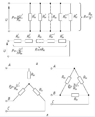 Схемы включения нагревательных секций: а и б - одно- и трёхфазных электронагревательных устройств