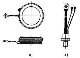 Конструкция корпусов тиристоров: а) – таблеточная; б) – штыревая