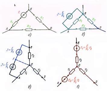Преобразование треугольника сопротивлений с источником напряжения в эквивалентную звезду