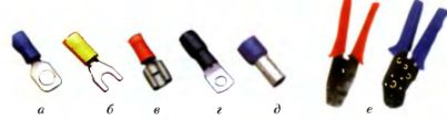 Конструкции кабельных наконечников и инструмент для их обжимки: а - кольцевые; б - вилочные: в - для быстрого соединения; г — силовые; д - трубчатые; е - инструмент для обжимки
