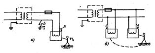 Включение разделяющего трансформатора (а) Двойное замыкание в сети, питающейся через разделяющий трансформатор (б)