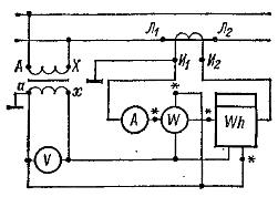 Схема включения электромеханических приборов через измерительные трансформаторы тока и напряжения