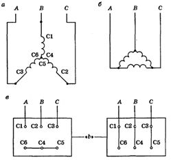 Схемы соединения обмоток статора трехфазного асинхронного двигателя