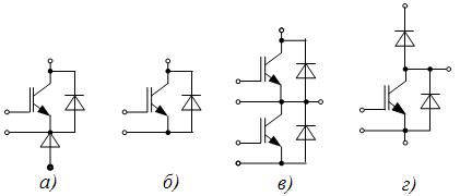 Условные обозначения модулей на IGBT-транзисторах: а – МТКИД; б – МТКИ; в – М2ТКИ; г - МДТКИ