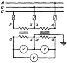 Схема соединения трех вольтметров через два трансформатора напряжения
