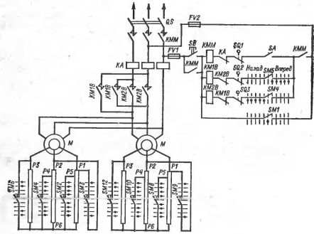 Схема двухдвигательного электропривода механизма передвижении с кулачковым контроллером ККТ62