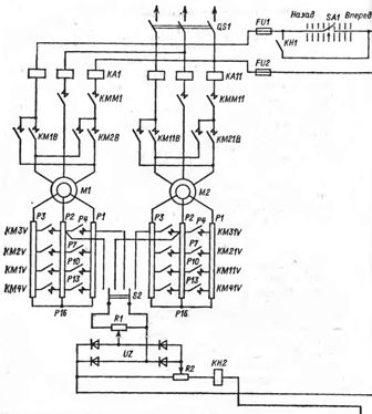 Схема двухдвигательного электропривода механизма передвижения с панелью ДК