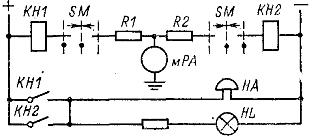 Контроль изоляции в цепях постоянного тока (схема с миллиамперметром и двумя реле)