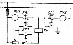 Контроль изоляции в цепях постоянного тока (схема с двумя вольтметрами) 