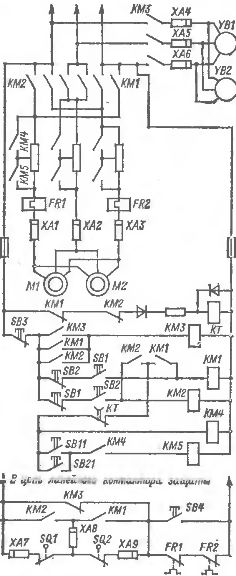 Схема электропривода (с односкоростным короткозамкнутым двигателем) механизма передвижения крана при управлении с пола