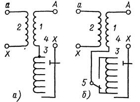 Схема регулирования на трансформаторах без реверсирования (а) и с реверсированием (б) регулировочной обмотки