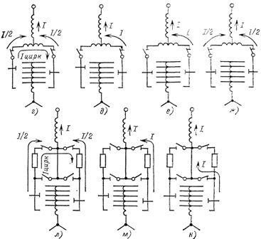 Последовательность работы переключающих устройств РПН с реактором (а—ж) и резистором (з—н)