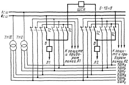 Схема автоматического переключения с помощью вспомогательных контактов разъединителей вторичных цепей шинных ТН в ЗРУ 6—10 кВ