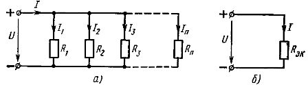 Схема параллельного соединения линейных элементов (а) и ее эквивалентная схема (б)
