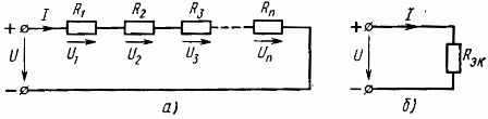 Схема последовательного соединения линейных элементов (а) и ее эквивалентная схема (б) 
