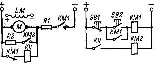 Схема управления динамическим торможением двигателя постоянного тока с контролем скорости. 