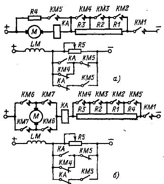 Узлы схем динамического торможения (а) и противовключения (б) с усилением магнитного потока двигателя постоянного тока с управлением с контролем тока. 