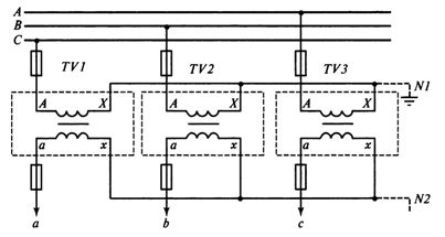 Схема соединение трех однофазных трансформаторов напряжения в звезду