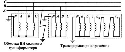 Схема включения трехфазного трехстержневого трансформатора напряжения в системе с заземленной нейтралью