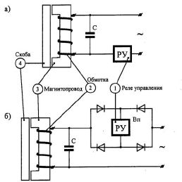 Принципиальная электрическая схема индуктивных датчиков на переменном (а) и выпрямленном (б) токе
