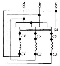 Схема включения трехфазного электродвигателя в есть при помощи переключателя фаз со звезды на треугольник