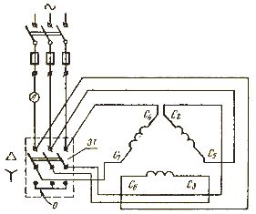 Схема пуска электрического двигателя с переключением обмоток статора со звезды на треугольник