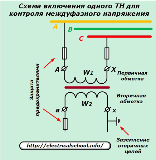 Схема включения одного ТН для контроля междуфазного напряжения
