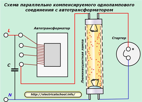 Схема параллельно компенсируемого однолампового соединения с автотрансформатором