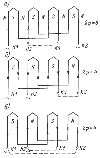 Переключение секций обмотки статора на различное число пар полюсов