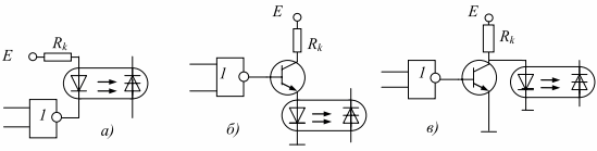Схемы подключения оптронов к выходу логических элементов: а – на логическом элементе с открытым коллектором; б – включение оптрона в эмиттер транзистора; в – схема с общим эмиттером