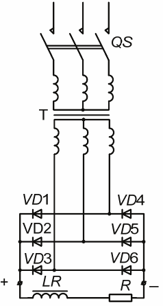 Принципиальная схема трехфазного мостового выпрямителя