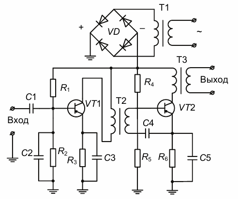 Принципиальная схема двухкаскадного усилителя на транзисторах