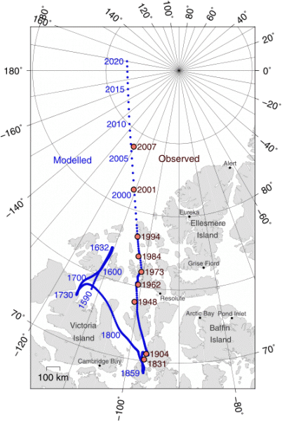 Сдвиг северного магнитного полюса с 1831 по 2007 год