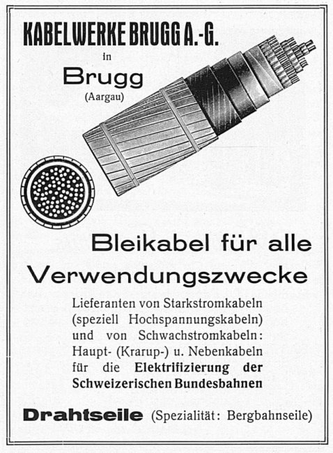 Пример свинцового кабеля на рекламе Kabelwerke Brugg с 1927 года