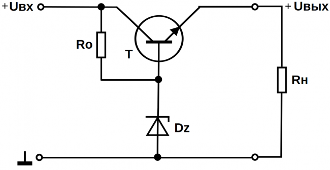 Схема параметрического стабилизатора напряжения на биполярном транзисторе