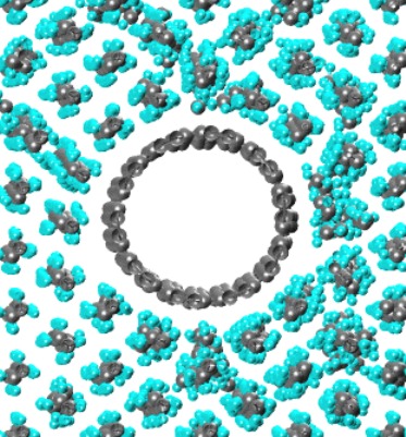 Структура молекулярной решетки кристаллической части полиэтиленового полимера с зигзагообразными цепями (CH2)n, окружающими углеродную нанотрубку